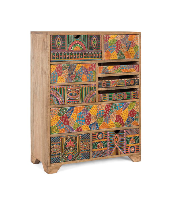 GINER Y COLOMER Aparador Alto de Madera de Mango 10 Cajones, Estilo Bohemio Artesanal Pintado a Mano, 90 cm Alto x 70 cm Largo x 30 cm Ancho