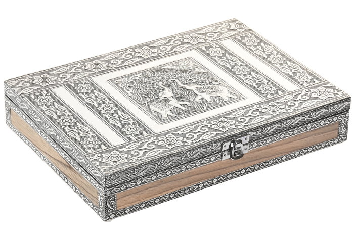 DKD Home Decor Joyero Árabe Plateado Gris Marrón Madera Aluminio 28 x 20 x 5 cm (2 Unidades) con Elefante