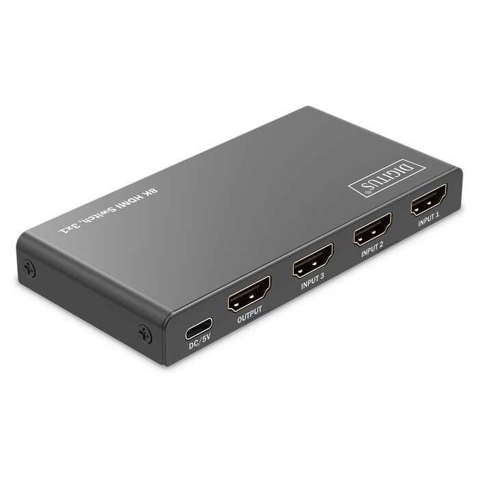 Digitus Switch HDMI 3x1 8K/60Hz HDR, HDCP 2.3, Conmutador con Puerto USB Tipo C y Mando a Distancia
