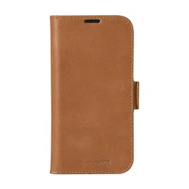 Dbramante1928 Funda Folio de Cuero de Grano Entero Bronceado para Apple iPhone 16 Pro con Soporte, Bolsillo para 3 Tarjetas y Carga Inalámbrica