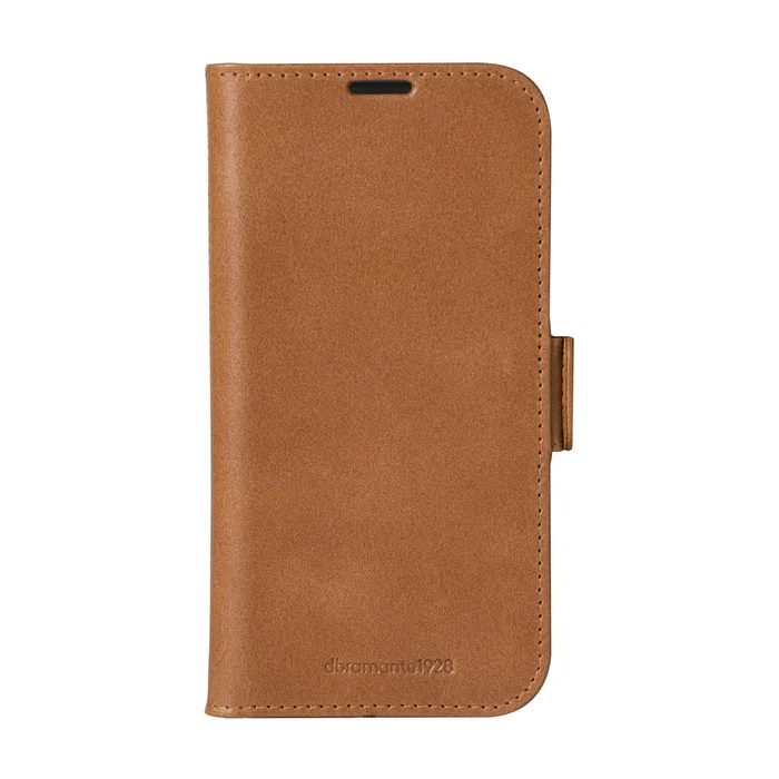 Dbramante1928 Funda Folio de Cuero de Grano Entero Bronceado para Apple iPhone 16 Pro con Soporte, Bolsillo para 3 Tarjetas y Carga Inalámbrica