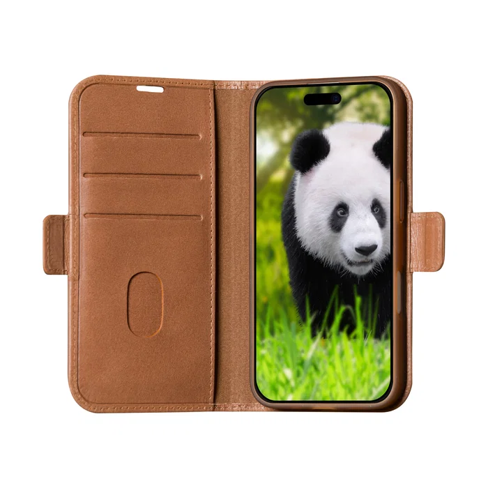 Dbramante1928 Funda Folio de Cuero de Grano Entero Bronceado para Apple iPhone 16 Pro con Soporte, Bolsillo para 3 Tarjetas y Carga Inalámbrica