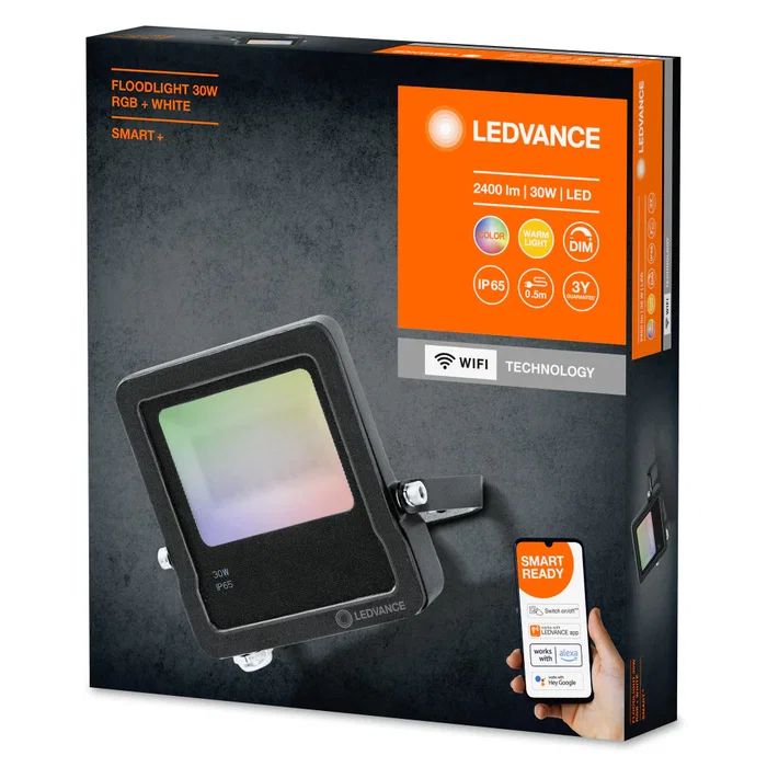 Ledvance LVE-4058075474642 - Foco Proyector LED Smart WiFi 30W 2400Lm 3000K RGB, Control por Voz con Google Assistant y Alexa, IP65 para Fachadas, Color Blanco Cálido