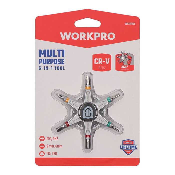 Workpro Herramienta 6 en 1 de Zinc con Puntas de Acero Cromo Vanadio
