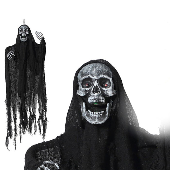 Atosa Calavera Colgante Negra con Capucha y Luz 100cm Atosa Calavera Colgante Negra con Capucha y Luz 100cm