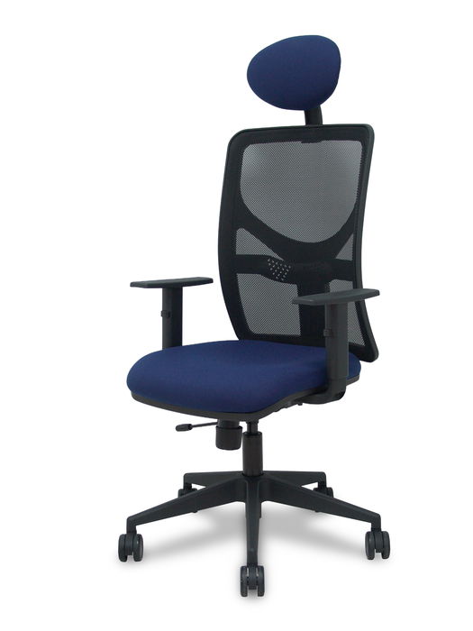 Silla de oficina Motilla con mecanismo Sincro/Traslack tapizada con Tela color Azul marino y malla color Negro. Equipada con lumbar 1D, Brazos 1D, Cabecero Fijo y Ruedas 65mm nailon
