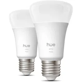 Philips Hue Pack de 2 Bombillas LED A60 Conectadas AABUO37070, Luz Blanca Cálida 2700K, 9.5W (Equivalente 75W), 1100 Lúmenes, Casquillo E27