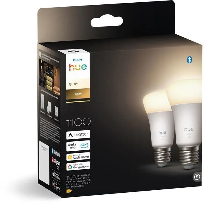 Philips Hue Pack de 2 Bombillas LED A60 Conectadas AABUO37070, Luz Blanca Cálida 2700K, 9.5W (Equivalente 75W), 1100 Lúmenes, Casquillo E27 Philips Hue Pack de 2 Bombillas LED A60 Conectadas AABUO37070, Luz Blanca Cálida 2700K, 9.5W (Equivalente 75W), 1100 Lúmenes, Casquillo E27