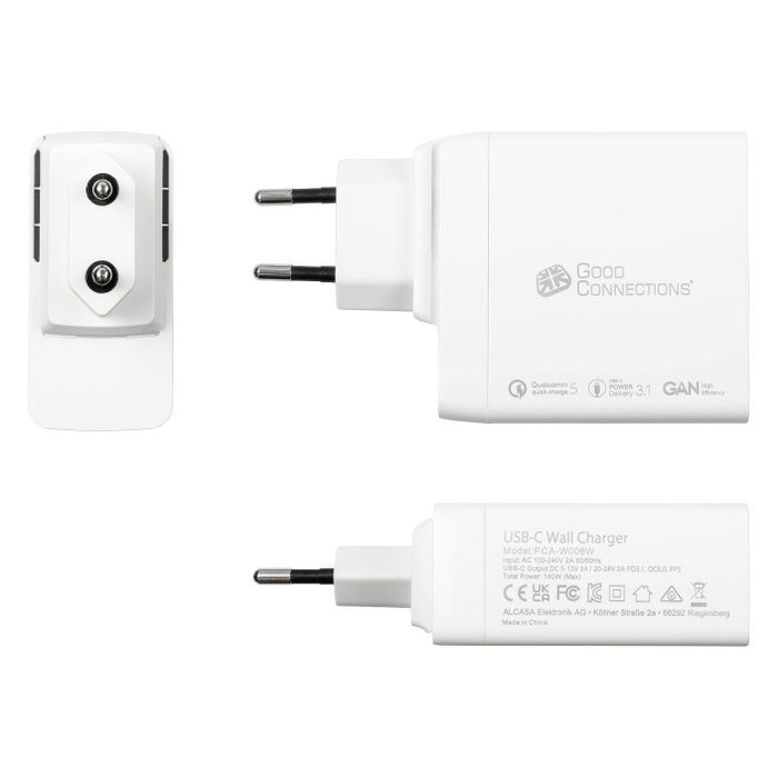 GoodConnections Cargador USB 140W con GaN, 2 puertos Tipo C, Blanco