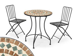 IBERGARDEN Set Mesa Mosaico Marron 2 Sillas Forja Negra Metal Ceramica 100x30x65cm