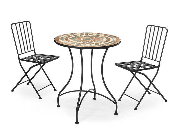IBERGARDEN Set Mesa Mosaico Marron 2 Sillas Forja Negra Metal Ceramica 100x30x65cm