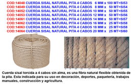 Cuerda Sisal Natural Pita 4 Cabos 6 mm x 100 mt