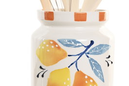 DKD Home Decor Bote Utensilios Mediterraneo Amarillo Azul 11.5 x 25 x 11.5 cm Set de 5 Piezas Dolomite MDF Metal Colección Limones 25