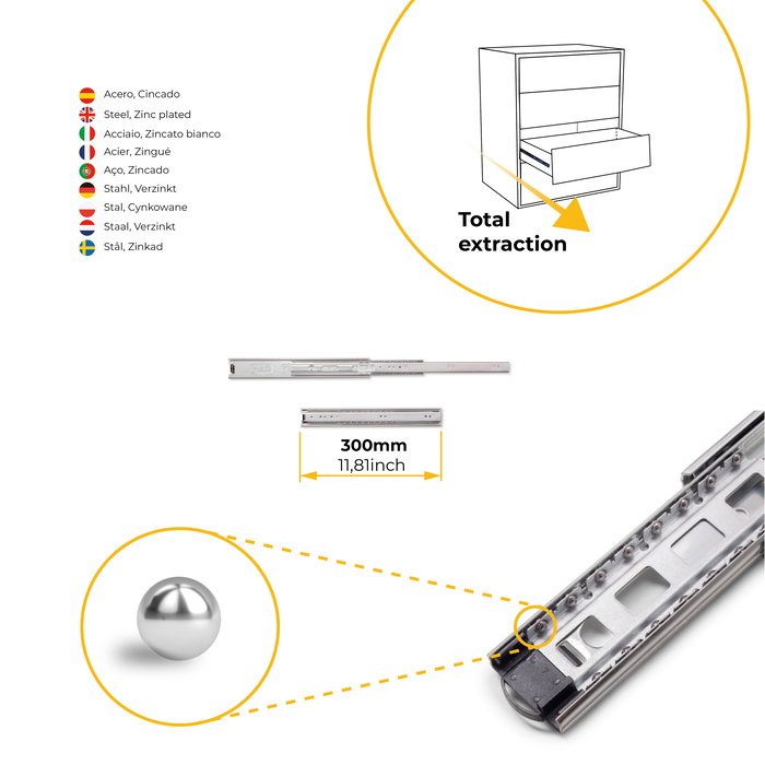 Emuca Lote de 5 juegos de guías para cajones, de bolas, altura 45mm, profundidad 300mm, extracción total, Cincado