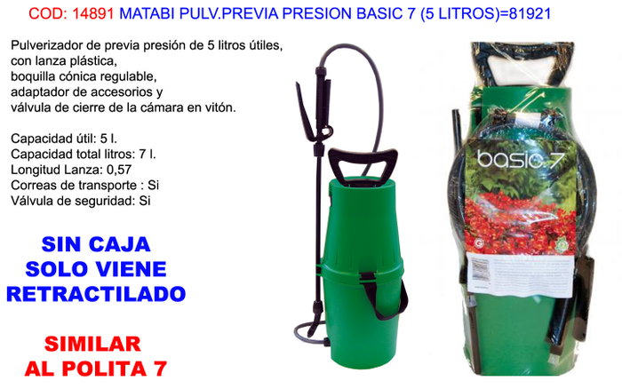 Matabi Pulverizador Previa Presión Basic 7 de 5 L. Matabi Pulverizador Previa Presión Basic 7 de 5 L.