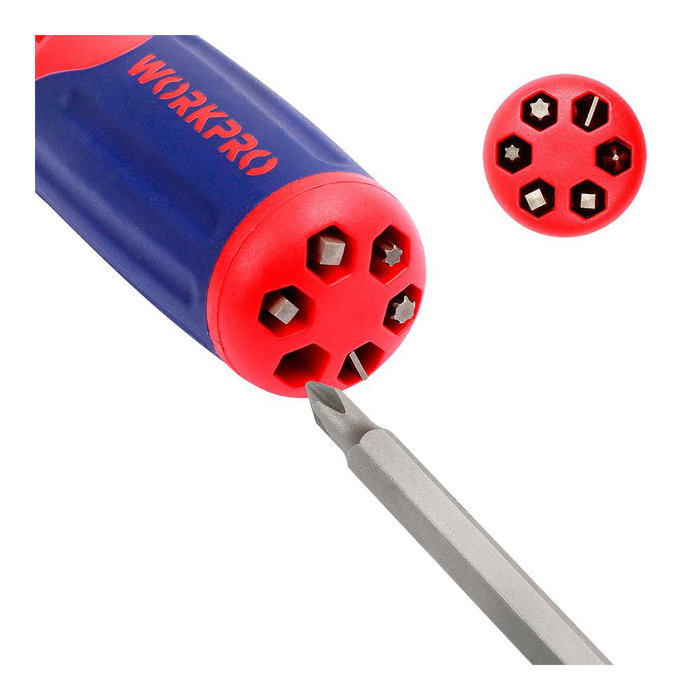 Workpro Destornillador de Carraca 12 en 1 con 6 Puntas Dobles de Acero - PH1, PH2, PH3, T10, T15, T20, T25, S1, S2, S3, Plana 4mm/5mm, Color Azul y Rojo