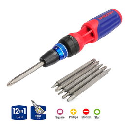 Workpro Destornillador de Carraca 12 en 1 con 6 Puntas Dobles de Acero - PH1, PH2, PH3, T10, T15, T20, T25, S1, S2, S3, Plana 4mm/5mm, Color Azul y Rojo