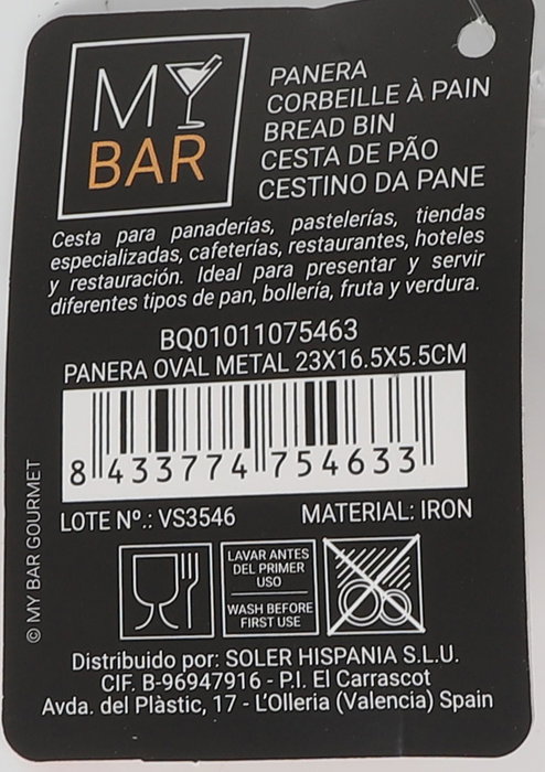 My Bar Panera Oval de Metal 23 cm x 16.5 cm x 5.5 cm (12 Unidades)