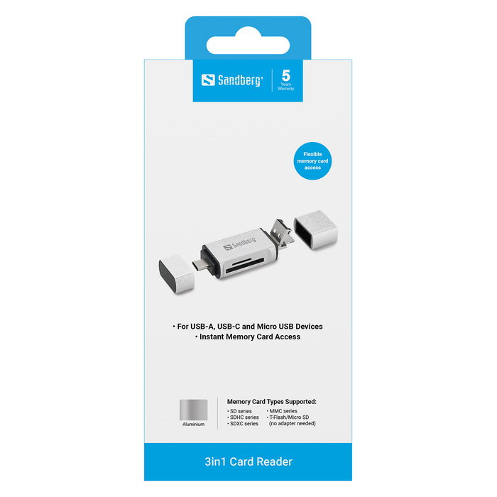 SANDBERG Card Reader USB-C+USB+MicroUSB, Lector de Tarjetas SD/MicroSD, Plata, 1 Pieza