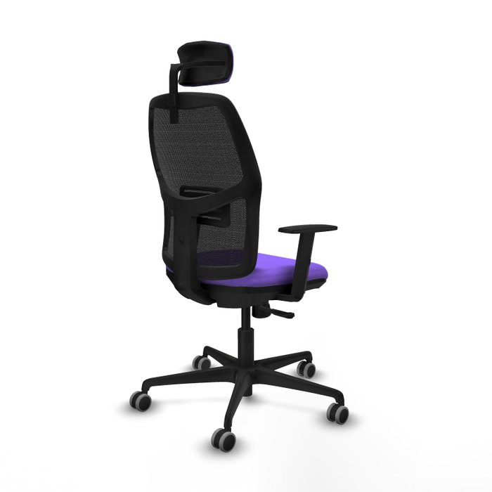 Silla de oficina Alfera con mecanismo Sincro tapizada con Tela color Lila y malla color Negro. Equipada con lumbar 1D, Brazos 1D, Cabecero 2D y Ruedas 65 mm parqué Silla de oficina Alfera con mecanismo Sincro tapizada con Tela color Lila y malla color Negro. Equipada con lumbar 1D, Brazos 1D, Cabecero 2D y Ruedas 65 mm parqué