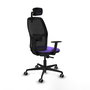 Silla de oficina Alfera con mecanismo Sincro tapizada con Tela color Lila y malla color Negro. Equipada con lumbar 1D, Brazos 1D, Cabecero 2D y Ruedas 65 mm parqué