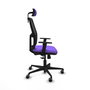 Silla de oficina Alfera con mecanismo Sincro tapizada con Tela color Lila y malla color Negro. Equipada con lumbar 1D, Brazos 1D, Cabecero 2D y Ruedas 65 mm parqué