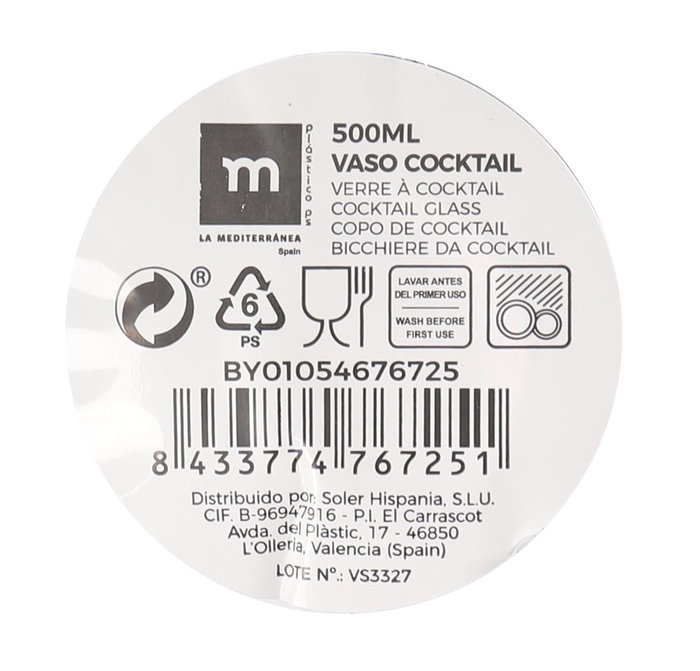 La Mediterranea Vaso Cocktail 500 ml PS Alto 14,6 cm Ancho 8,6 cm (24 Unidades)