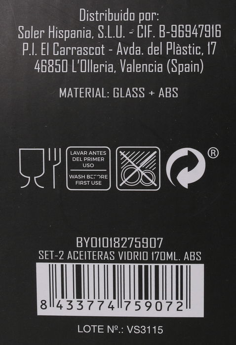 Anna Set 2 Aceiteras Vidrio 170 ml con Tapas Abs 20 cm Alto x 5 cm Ancho x 5 cm Largo (24 Unidades)