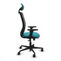 Silla de oficina Zulema con mecanismo Sincro tapizada con Tela color Turquesa y malla color Negro. Equipada con lumbar 1D, Brazos 2D, Cabecero Fijo y Ruedas 65mm nailon