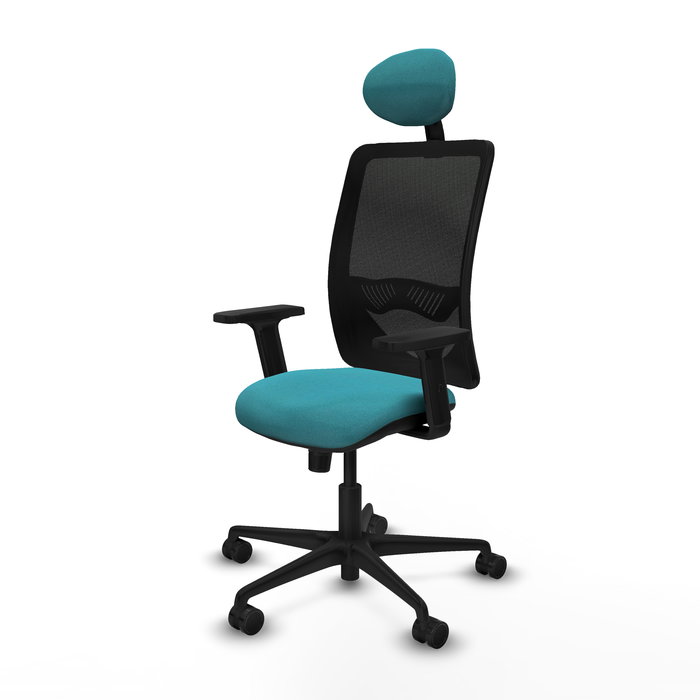 Silla de oficina Zulema con mecanismo Sincro tapizada con Tela color Turquesa y malla color Negro. Equipada con lumbar 1D, Brazos 2D, Cabecero Fijo y Ruedas 65mm nailon