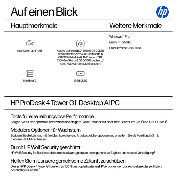 HP ProDesk 4 TWR G1i AI CU7-265 con 16GB RAM y 512GB SSD