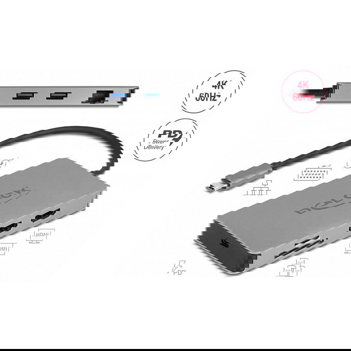 DeLOCK Docking Station USB Tipo C 4K - Dual HDMI MST, USB 3.2, Lector SD, Puerto LAN, PD 3.0 (85W), Gris - Plug and Play, HDR
