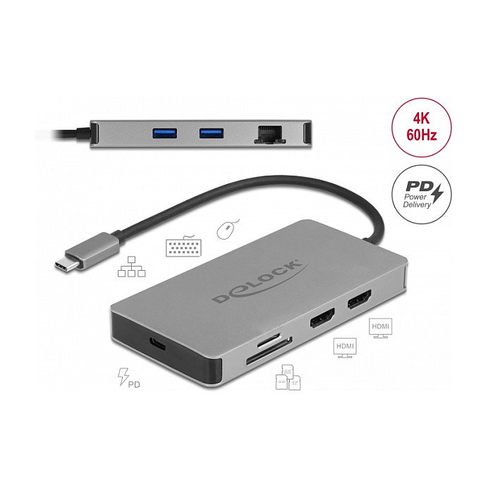 DeLOCK USB Type-C™ Dockingstation 4K - Dual HDMI MST / USB 3.2 / SD / LAN / PD 3.0 87004 DeLOCK USB Type-C™ Dockingstation 4K - Dual HDMI MST / USB 3.2 / SD / LAN / PD 3.0 87004