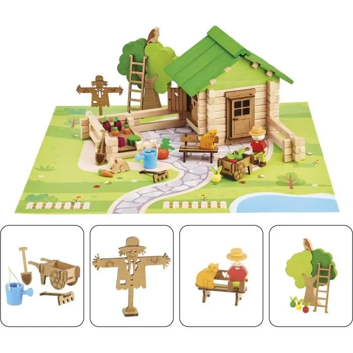 Jeujura JEU1716411992740 Juego de Construcción en Madera Natural para Hogar y Jardín, Tapete y Accesorios Incluidos, 32x27x11 cm