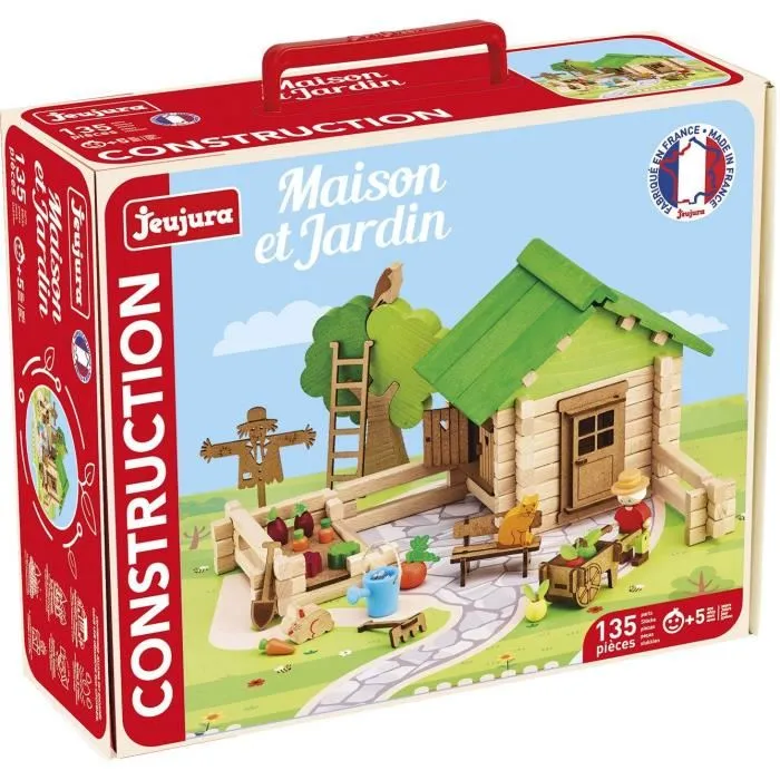 Jeujura JEU1716411992740 Juego de Construcción en Madera Natural para Hogar y Jardín, Tapete y Accesorios Incluidos, 32x27x11 cm