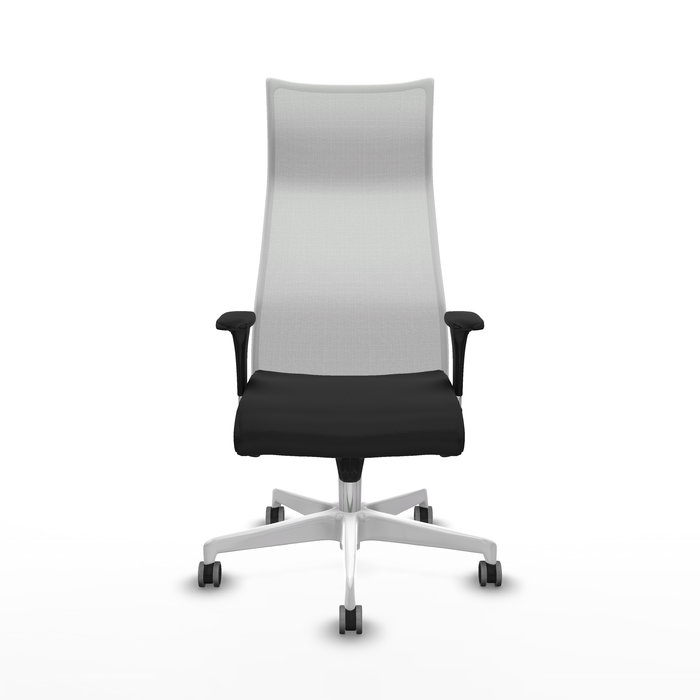 Sillón Albacete con mecanismo Sincro tapizada con Similpiel color Negro y malla color Blanco. Equipado con Base poliamida blanca, Brazos 1D y Ruedas 65 mm parqué