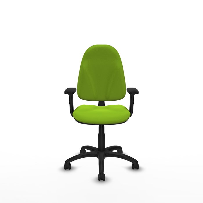 Silla de oficina Algarra con mecanismo Contacto permanente básico tapizada con Similpiel color Pistacho. Equipada con Base poliamida negra, Brazos 2D y Ruedas de parqué