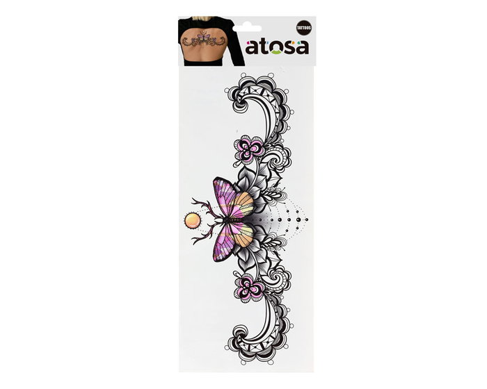 Tatuaje de Mariposa Lila con Motivos Florales y Luna Decorativa