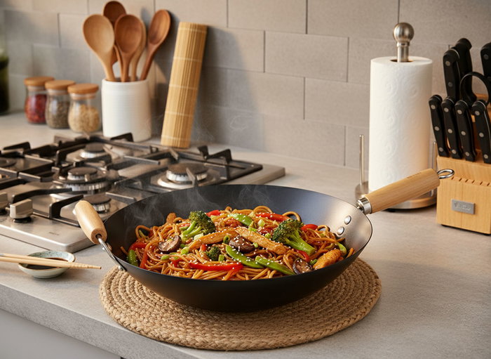 Quttin Sartén Wok con Mango de Madera de 35 cm