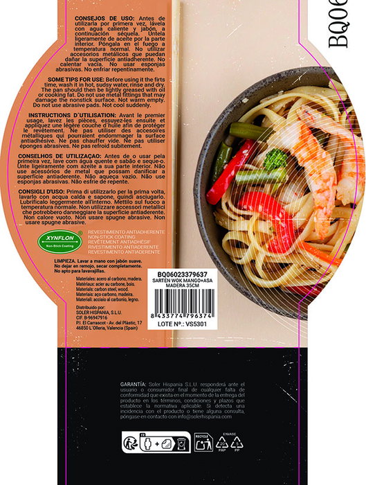 Quttin Sartén Wok con Mango de Madera de 35 cm