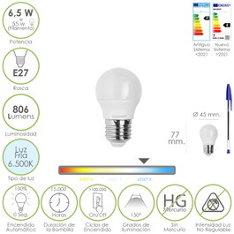 MAURER Bombilla LED Esfera E27 6.5W Luz Fría 6500K