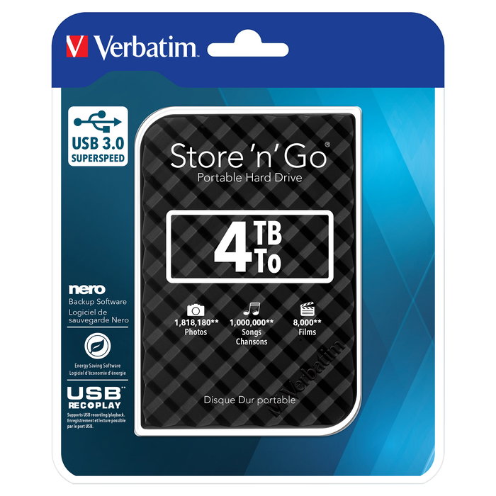 Verbatim Store'n Go 4TB USB 3.2 Gen 1 (USB 3.0) Disco Duro Externo Portátil 2.5" Negro - 5400 RPM, FAT32