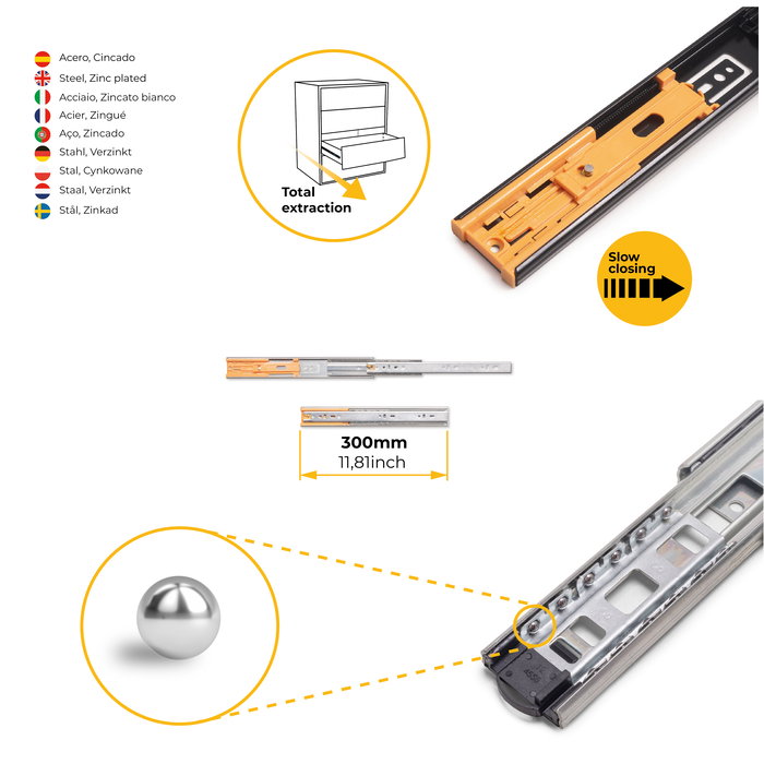 Emuca Juego de guías de bolas para cajones con extracción total y cierre suave, altura 45mm, logitud 300mm, Acero, Cincado