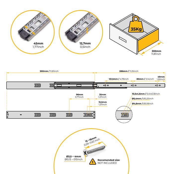 Emuca Juego de guías de bolas para cajones con extracción total y cierre suave, altura 45mm, logitud 300mm, Acero, Cincado