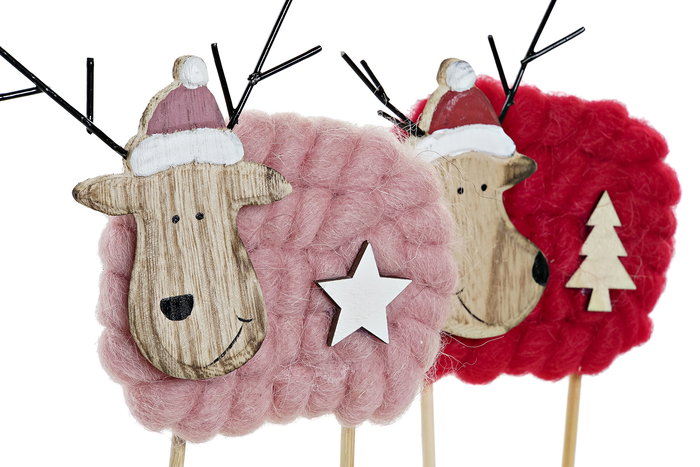 DKD Home Decor Decoracion Navidad Tradicional Rosa Rojo Madera Poliester Reno Estrella Arbol 4 x 17 x 12 cm (4 Unidades)