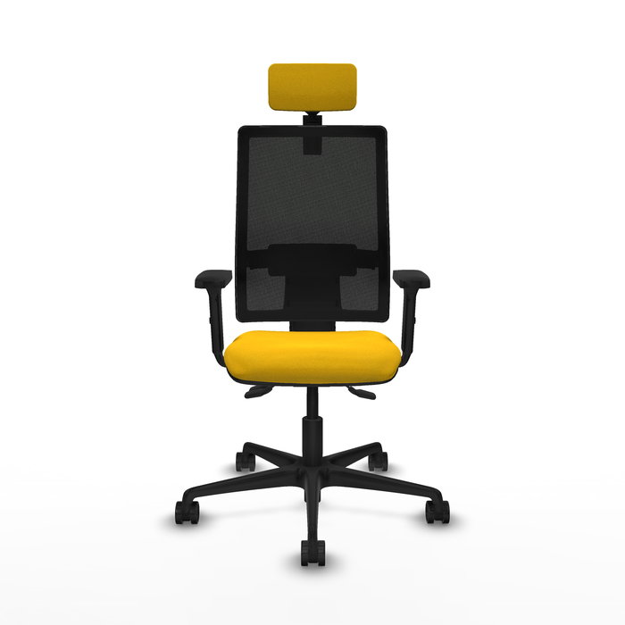 Silla de oficina Bormate con mecanismo Asincro tapizada con Tela color Amarillo y malla color Negro. Equipada con lumbar 1D, Brazos 2D, Cabecero 2D y Ruedas 65mm nailon