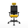 Silla de oficina Bormate con mecanismo Asincro tapizada con Tela color Amarillo y malla color Negro. Equipada con lumbar 1D, Brazos 2D, Cabecero 2D y Ruedas 65mm nailon
