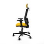 Silla de oficina Bormate con mecanismo Asincro tapizada con Tela color Amarillo y malla color Negro. Equipada con lumbar 1D, Brazos 2D, Cabecero 2D y Ruedas 65mm nailon