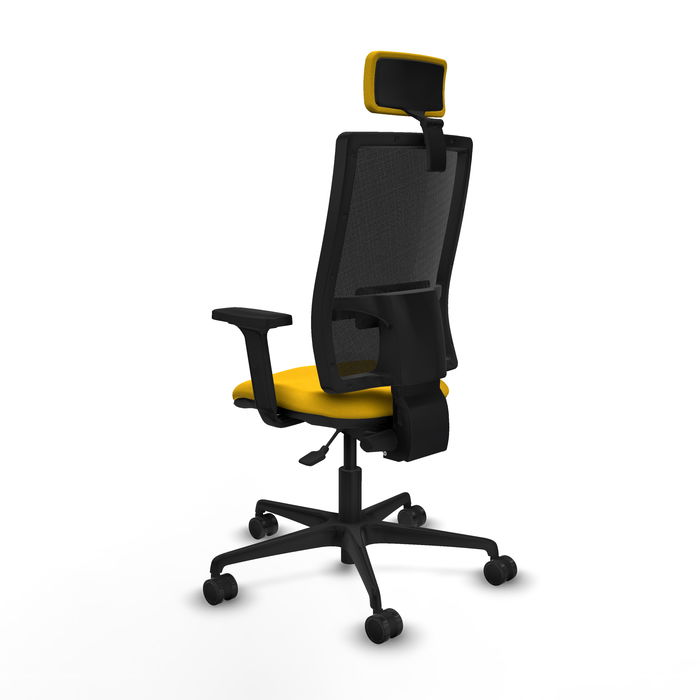 Silla de oficina Bormate con mecanismo Asincro tapizada con Tela color Amarillo y malla color Negro. Equipada con lumbar 1D, Brazos 2D, Cabecero 2D y Ruedas 65mm nailon