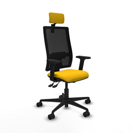 Silla de oficina Bormate con mecanismo Asincro tapizada con Tela color Amarillo y malla color Negro. Equipada con lumbar 1D, Brazos 2D, Cabecero 2D y Ruedas 65mm nailon